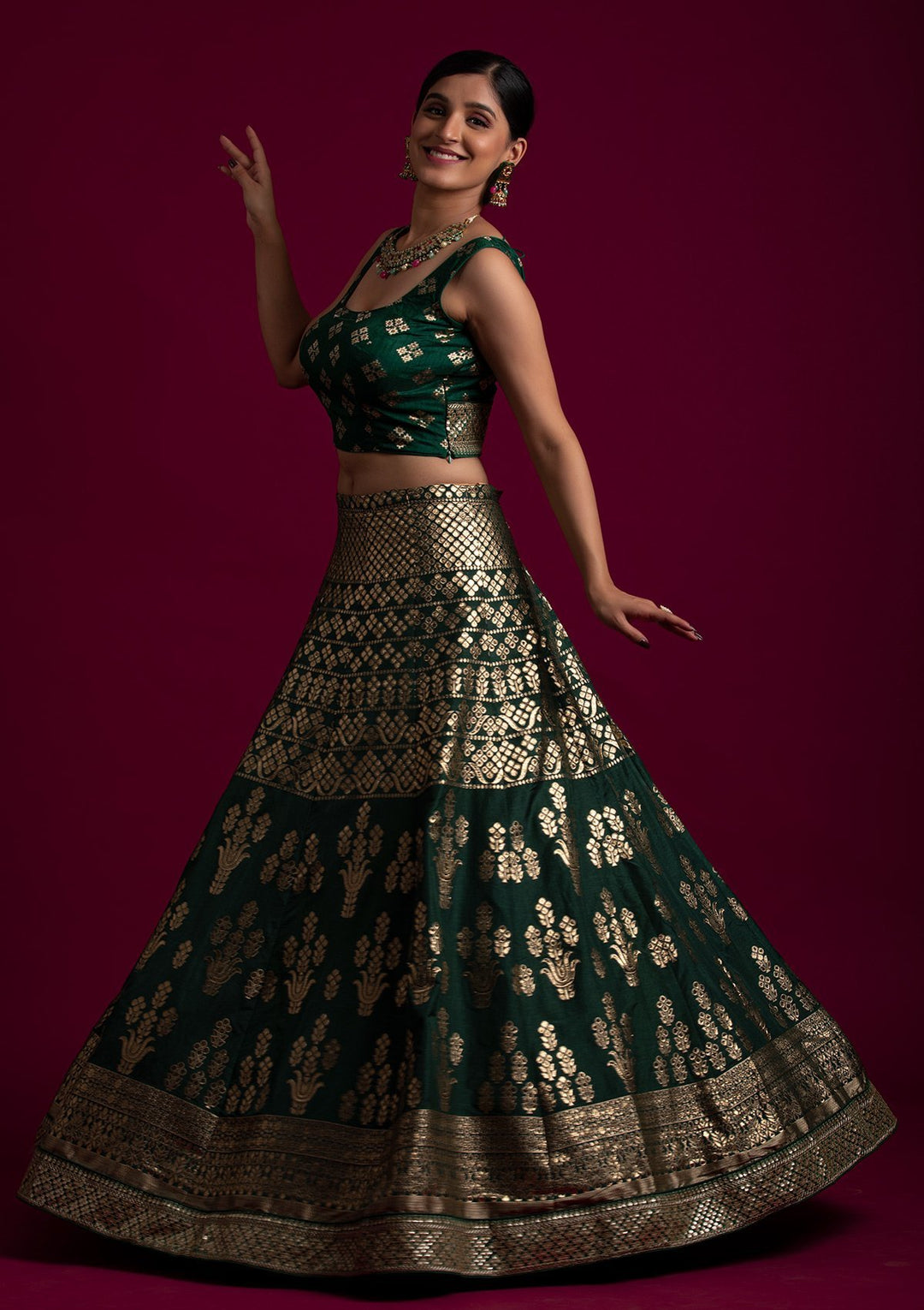 Bottle Green Sequins Banarasi Designer Semi-Stitched Lehenga - koskii