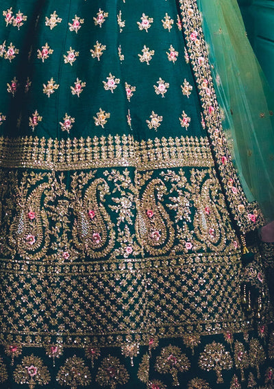 Bottle Green Sequins Raw Silk Designer Lehenga - koskii