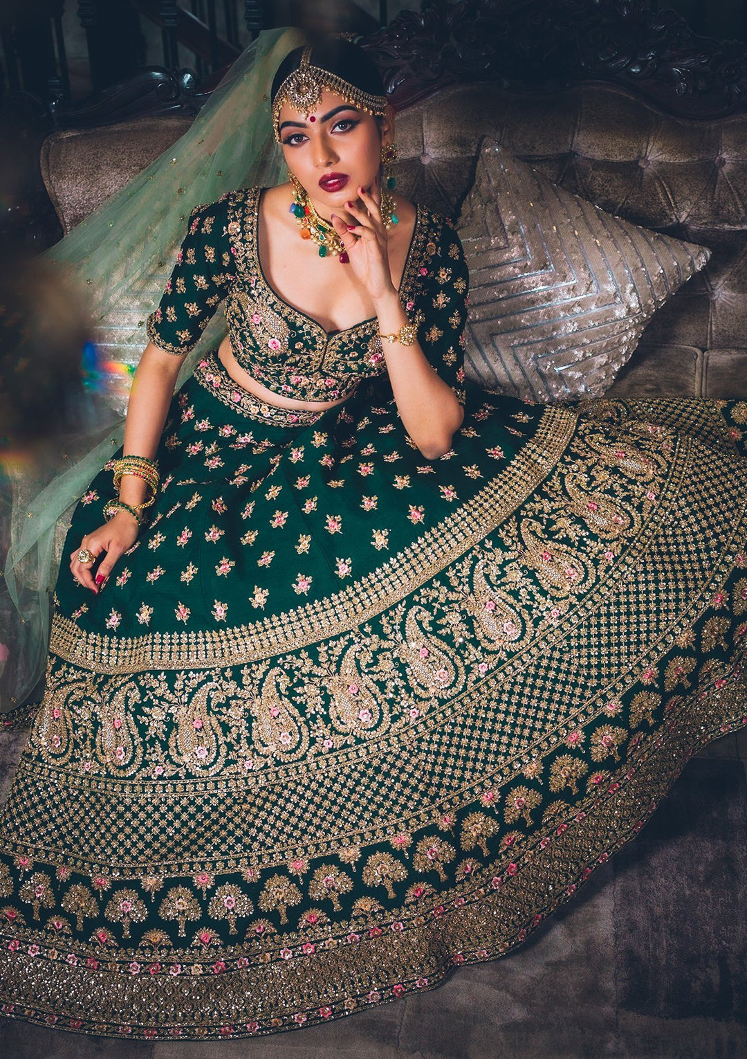 Bottle Green Sequins Raw Silk Designer Lehenga - koskii