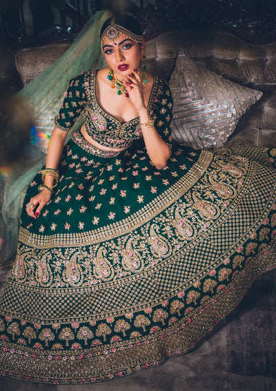 Bottle Green Sequins Raw Silk Designer Lehenga - koskii