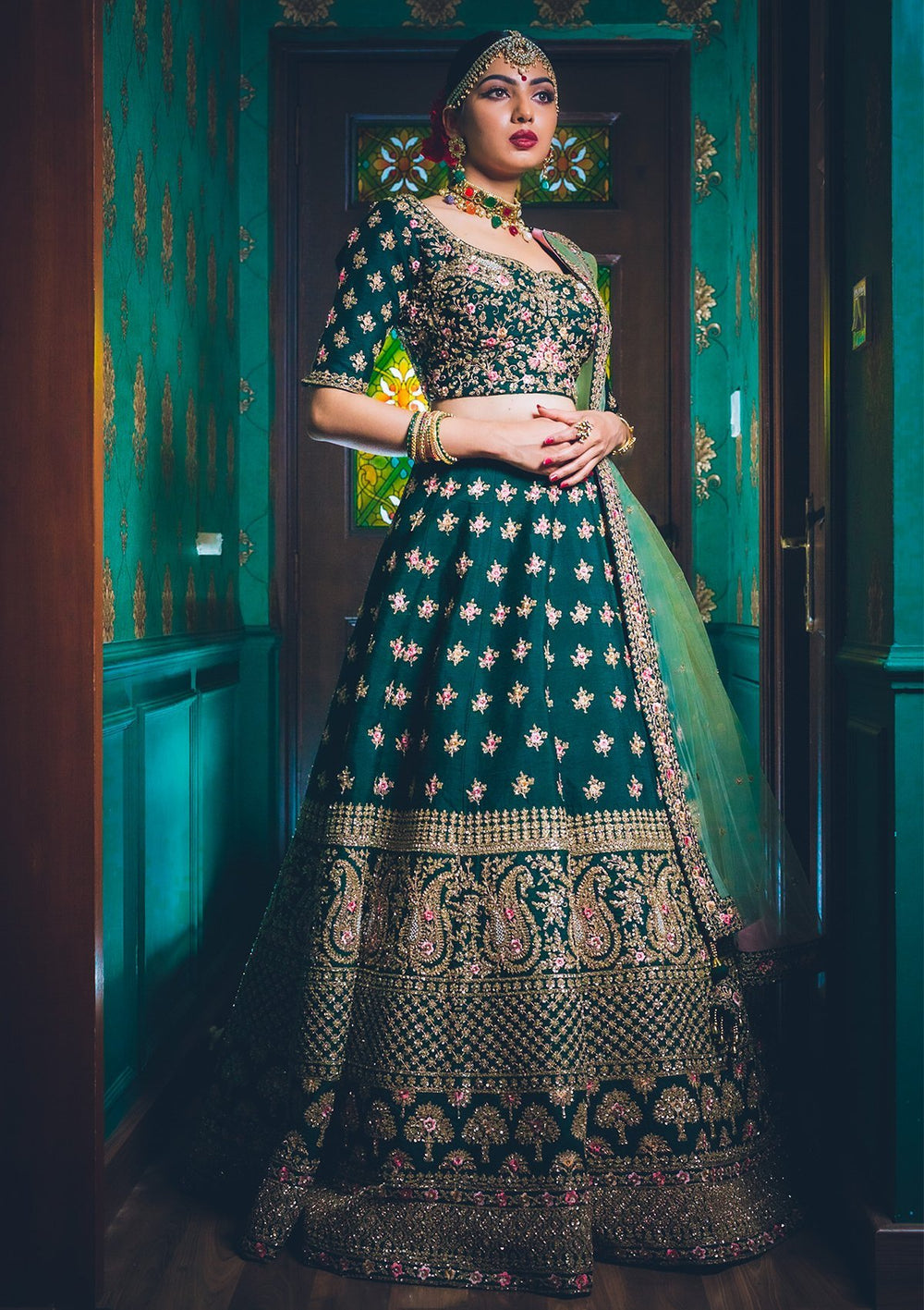 Bottle Green Sequins Raw Silk Designer Lehenga - koskii