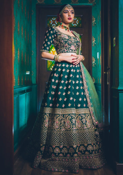 Bottle Green Sequins Raw Silk Designer Lehenga - koskii