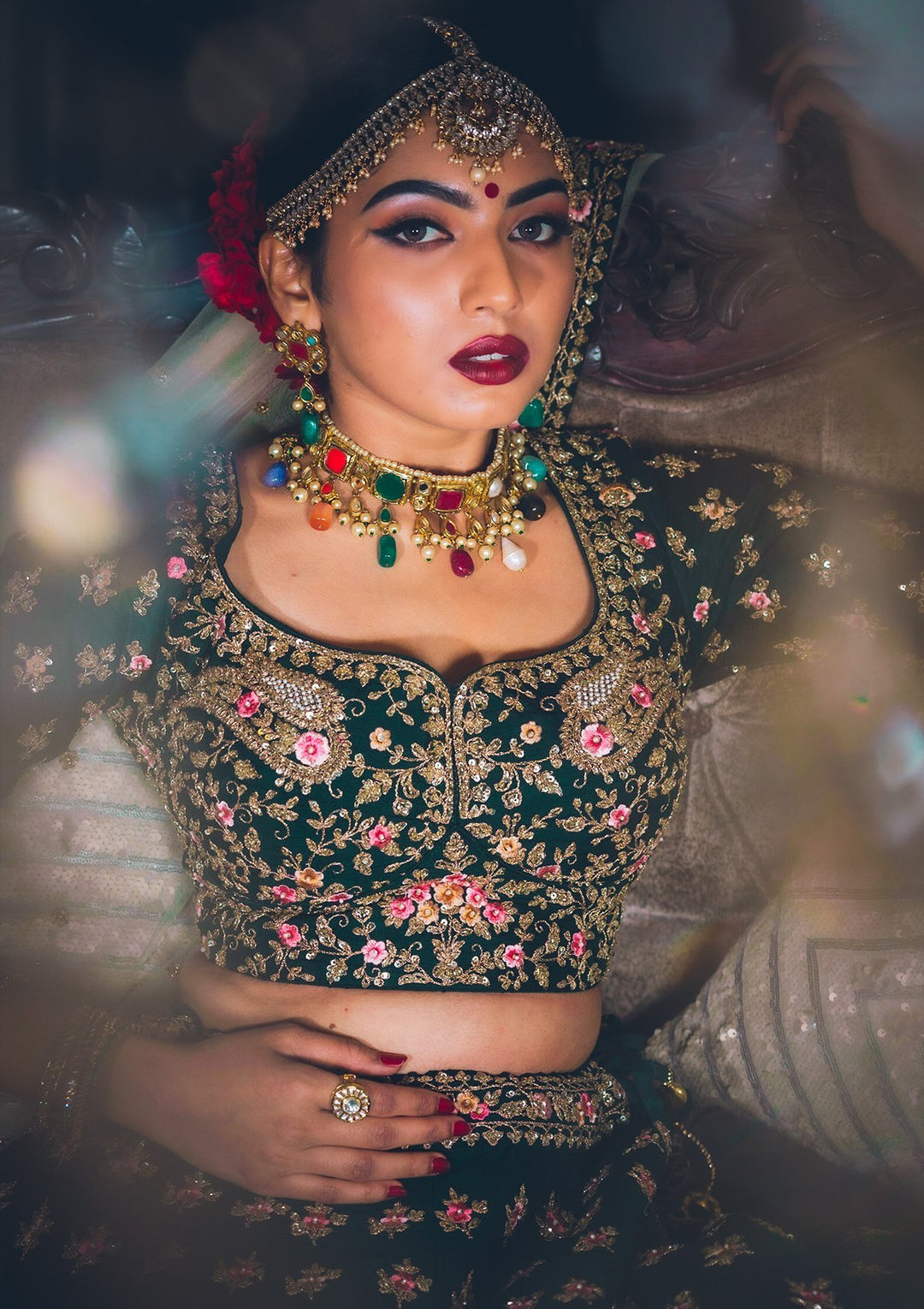 Bottle Green Sequins Raw Silk Designer Lehenga - koskii