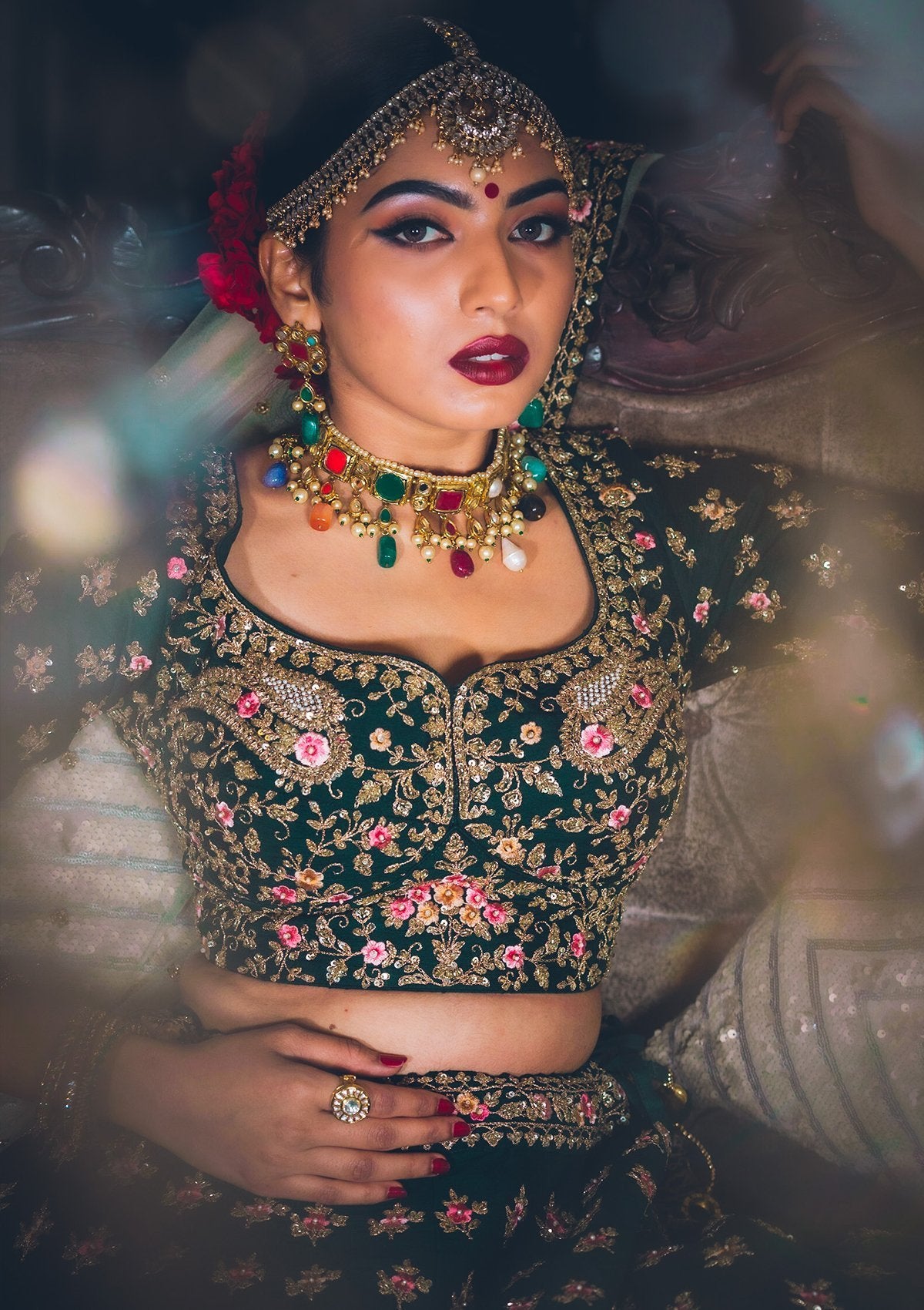Bottle Green Sequins Raw Silk Designer Lehenga - koskii