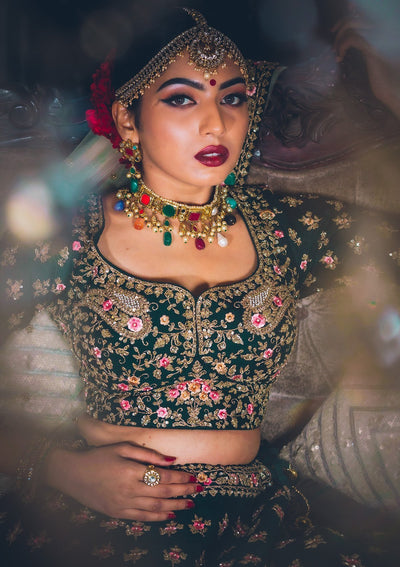 Bottle Green Sequins Raw Silk Designer Lehenga - koskii
