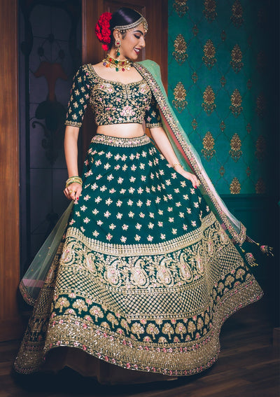 Bottle Green Sequins Raw Silk Designer Lehenga - koskii