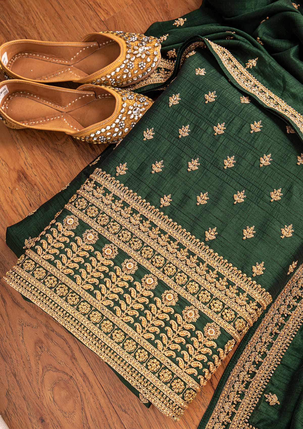 Bottle Green Stonework Raw Silk Designer Unstitched Salwar Suit - koskii
