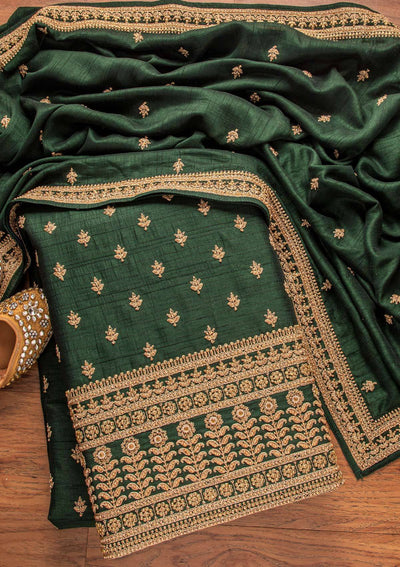 Bottle Green Stonework Raw Silk Designer Unstitched Salwar Suit - koskii
