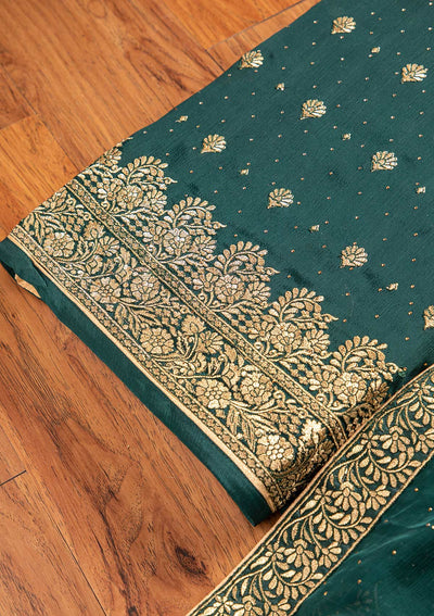Bottle Green Zariwork Semi Crepe Designer Unstitched Salwar Suit - koskii