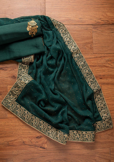 Bottle Green Zariwork Semi Crepe Designer Unstitched Salwar Suit - koskii