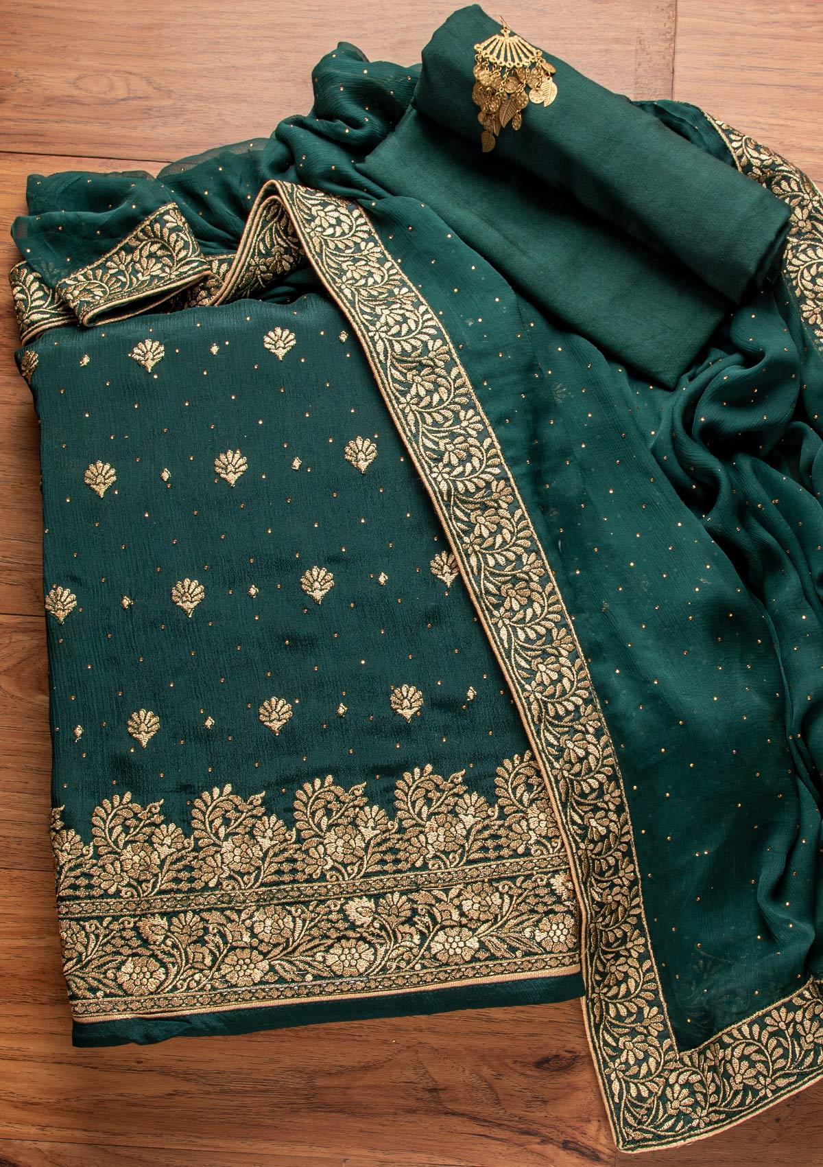 Bottle Green Zariwork Semi Crepe Designer Unstitched Salwar Suit - koskii