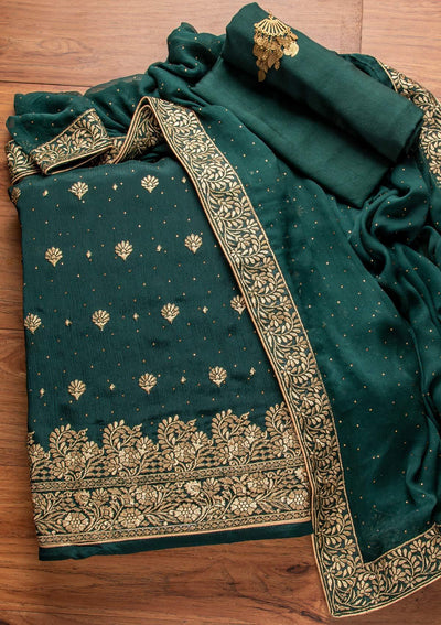 Bottle Green Zariwork Semi Crepe Designer Unstitched Salwar Suit - koskii