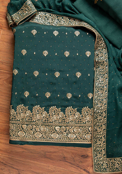 Bottle Green Zariwork Semi Crepe Designer Unstitched Salwar Suit - koskii