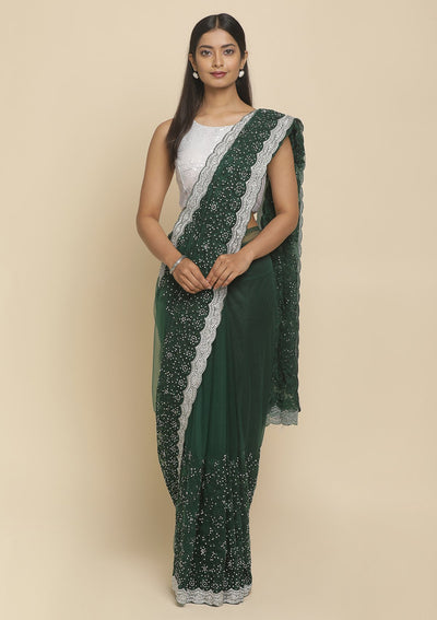Bottle Green Silver Stonework  Net Designer Saree - koskii