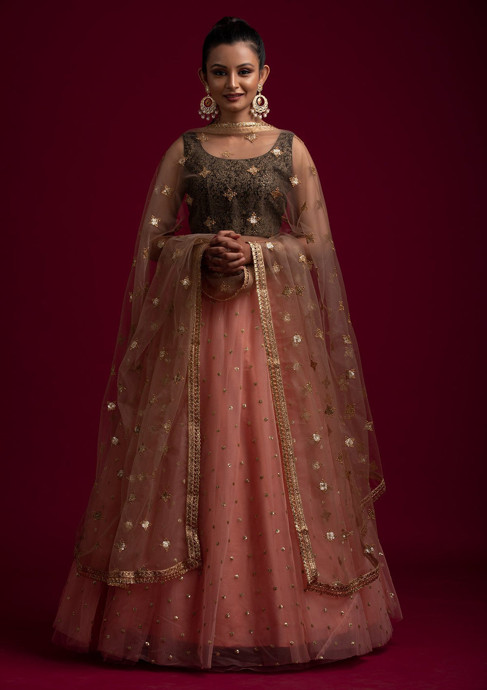 Brown Sequins Net Designer Dupatta - koskii