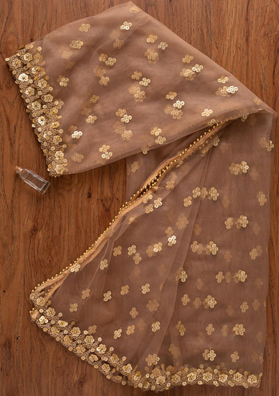 Brown Sequins Net Designer Dupatta - koskii