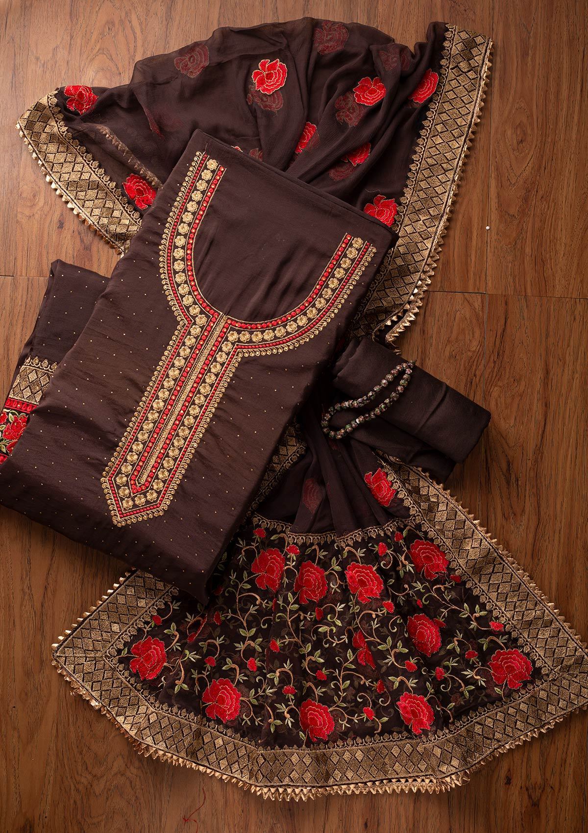 Brown Stonework Satin Designer Unstitched Salwar Suit - koskii