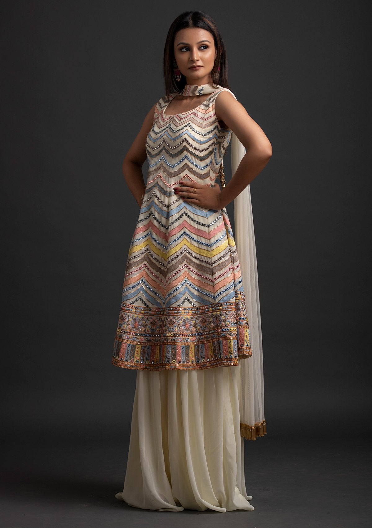 Cream Sequins Georgette Designer Salwar Suit - koskii