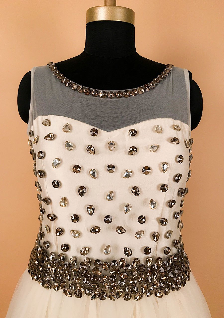 Cream Stonework Net Designer Gown - koskii