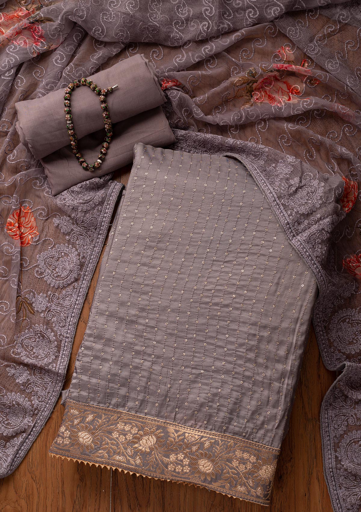 Dark Grey Sequins Semi Crepe Designer Unstitched Salwar Suit - koskii