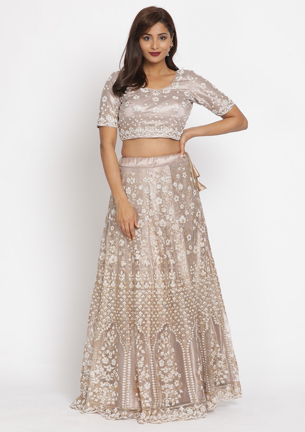 Gold Cutdana Net Designer Semi-Stitched Lehenga - koskii