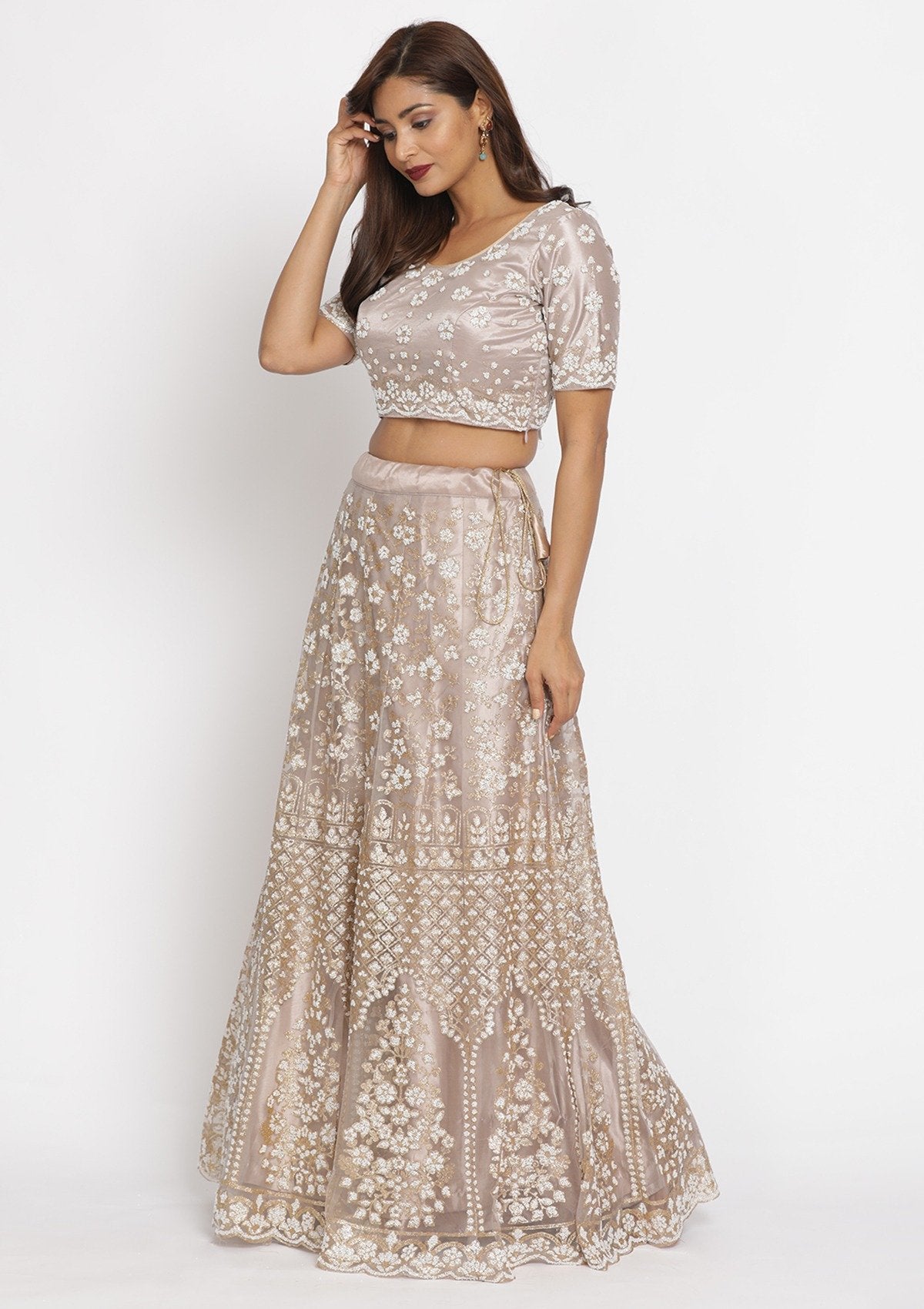 Gold Cutdana Net Designer Semi-Stitched Lehenga - koskii