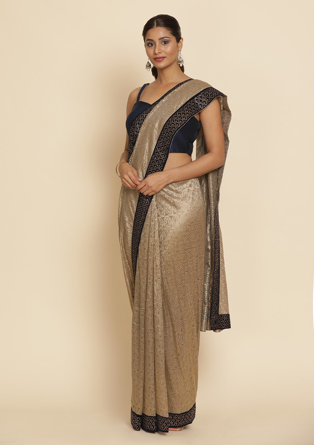Gold Swarovski Net Designer Saree - koskii