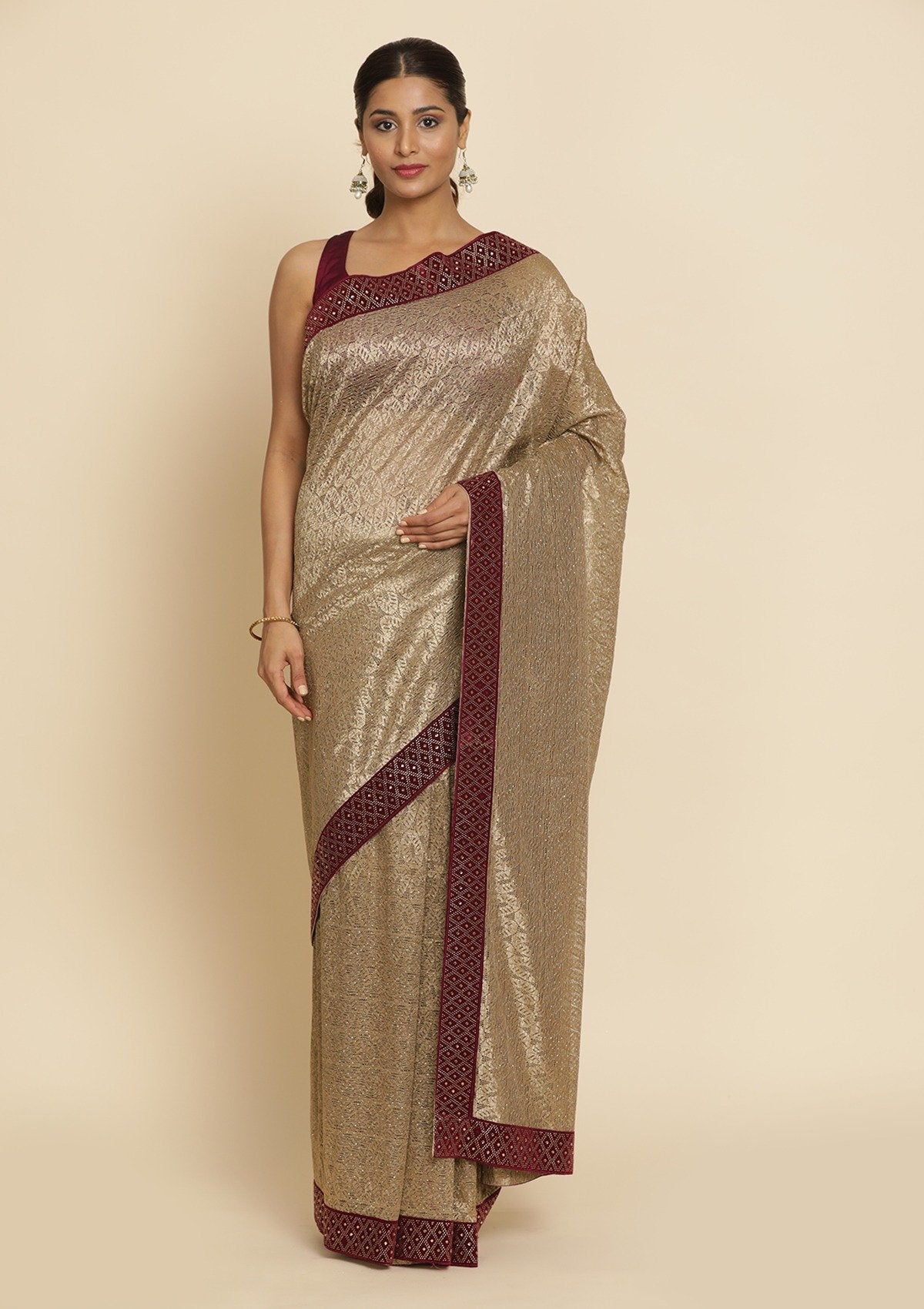 Gold Swarovski Net Designer Saree - koskii