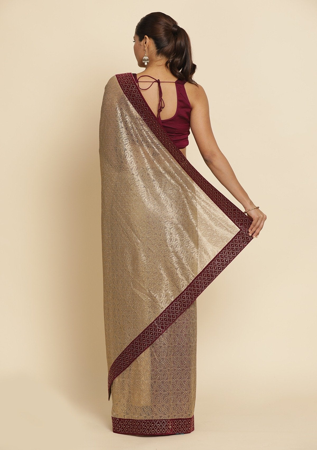 Gold Swarovski Net Designer Saree - koskii