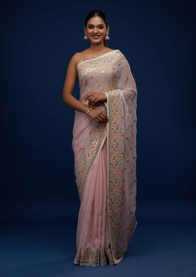 Baby Pink Gotapatti Georgette Designer Saree - Koskii