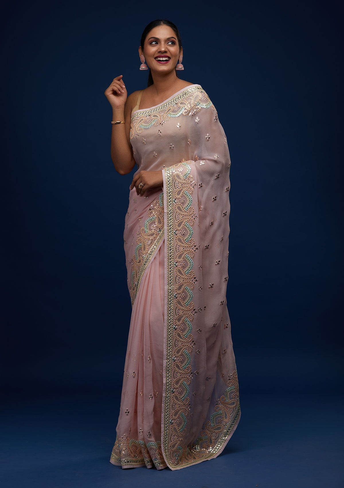 Baby Pink Gotapatti Georgette Designer Saree - Koskii