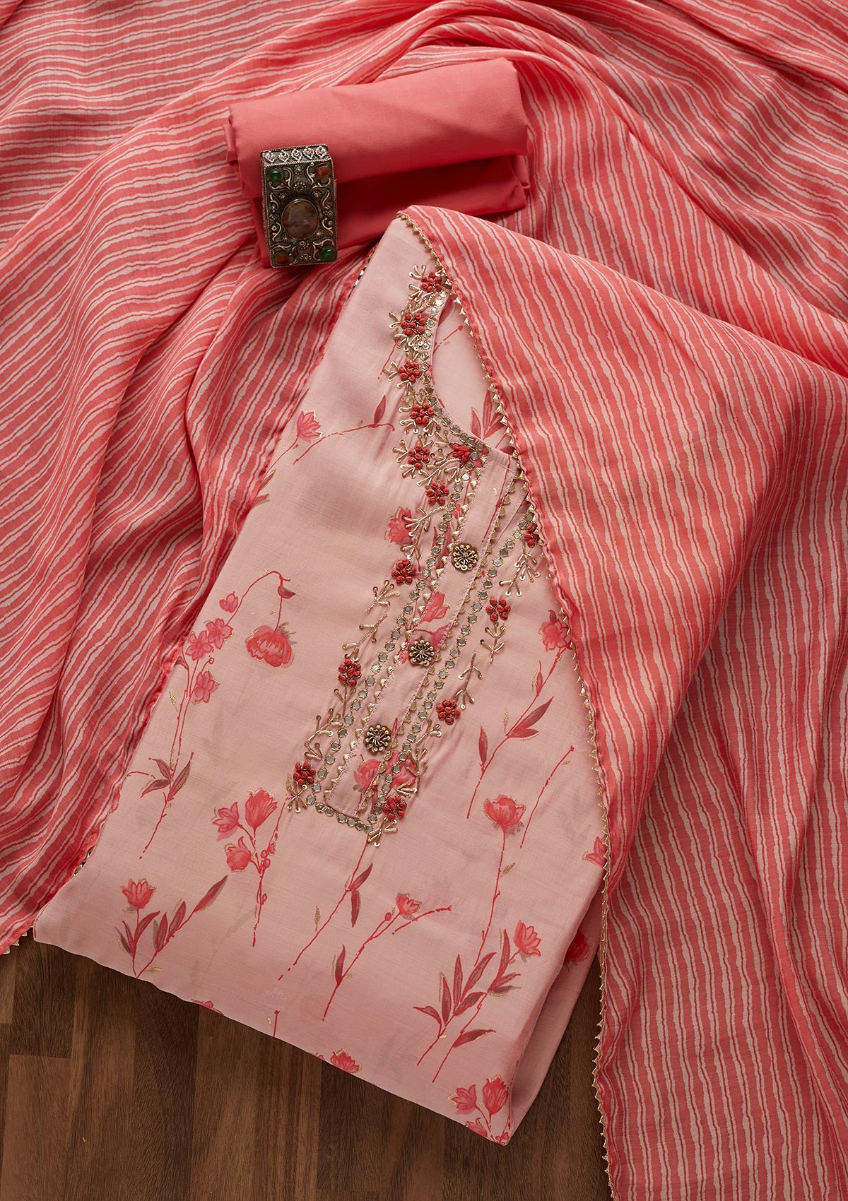 Baby Pink Mirrorwork Cotton  Semi-Stitched Salwar Suit- Koskii