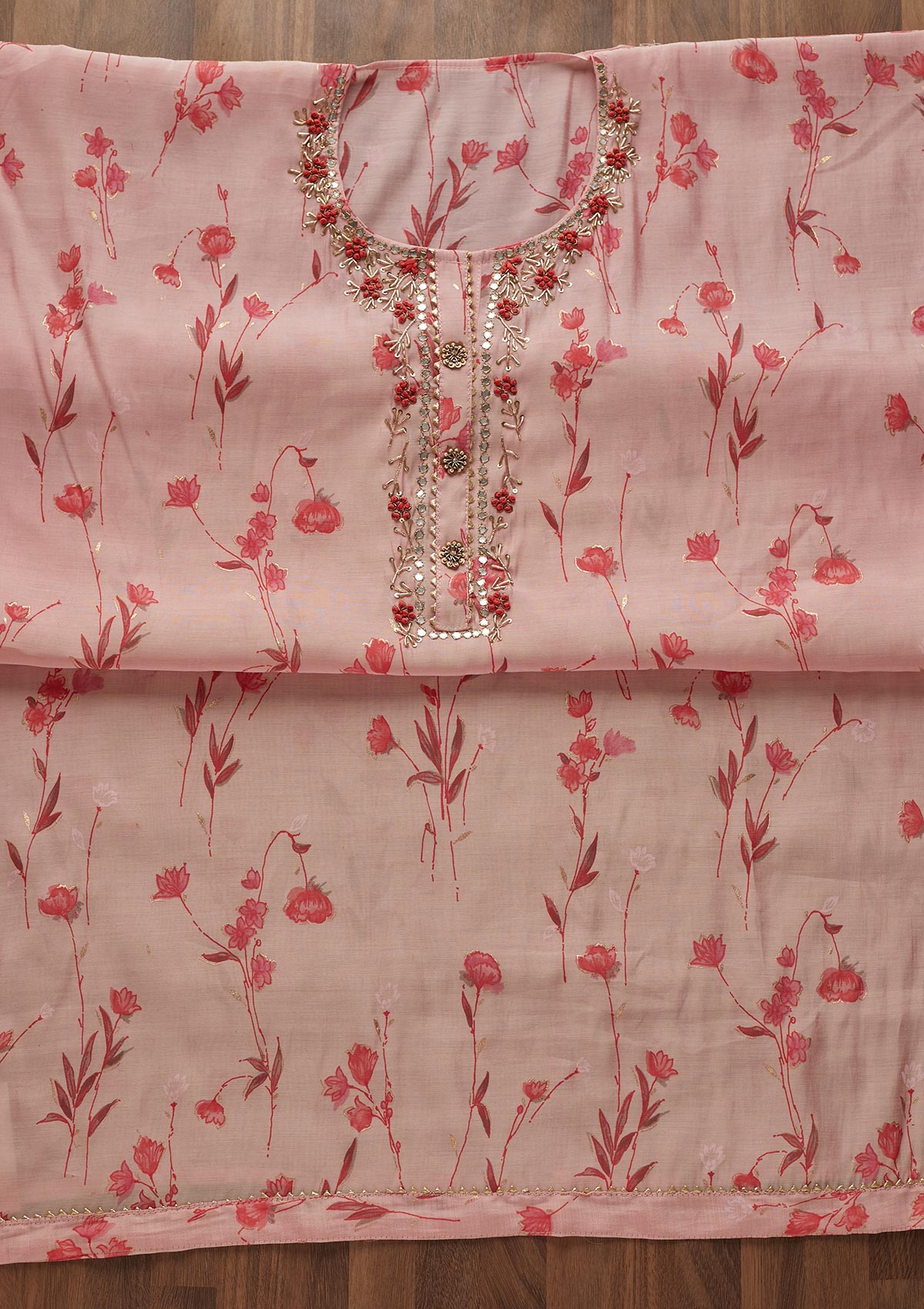 Baby Pink Mirrorwork Cotton  Semi-Stitched Salwar Suit - Koskii