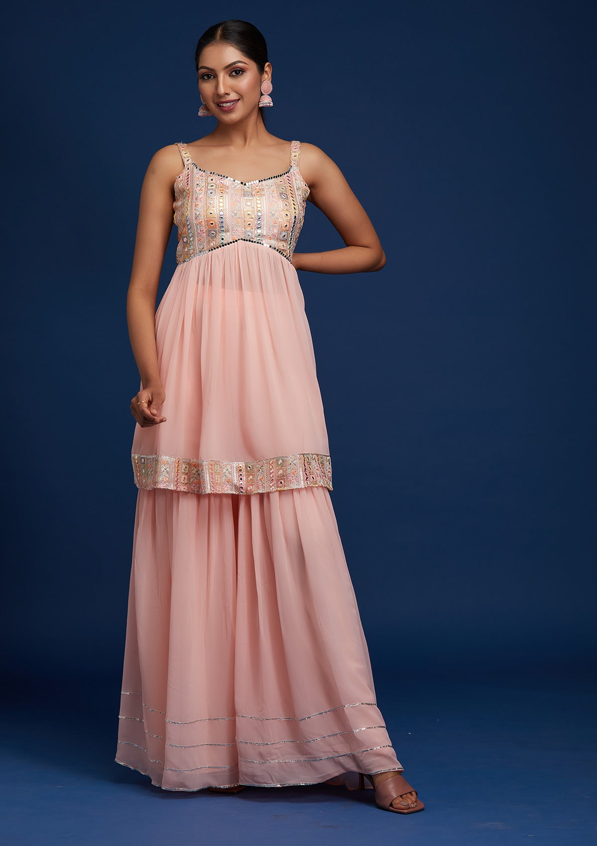 Baby Pink Mirrorwork Georgette Designer Salwar Suit - Koskii
