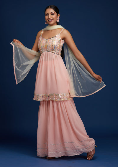 Baby Pink Mirrorwork Georgette Designer Salwar Suit - Koskii