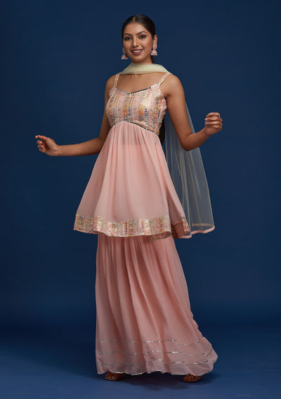 Baby Pink Mirrorwork Georgette Designer Salwar Suit - Koskii