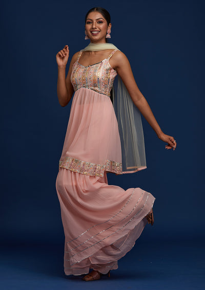 Baby Pink Mirrorwork Georgette Designer Salwar Suit - Koskii