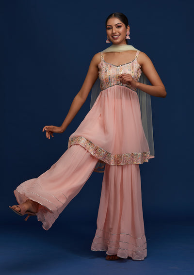 Baby Pink Mirrorwork Georgette Designer Salwar Suit - Koskii