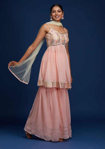 Baby Pink Mirrorwork Georgette Designer Salwar Suit - Koskii