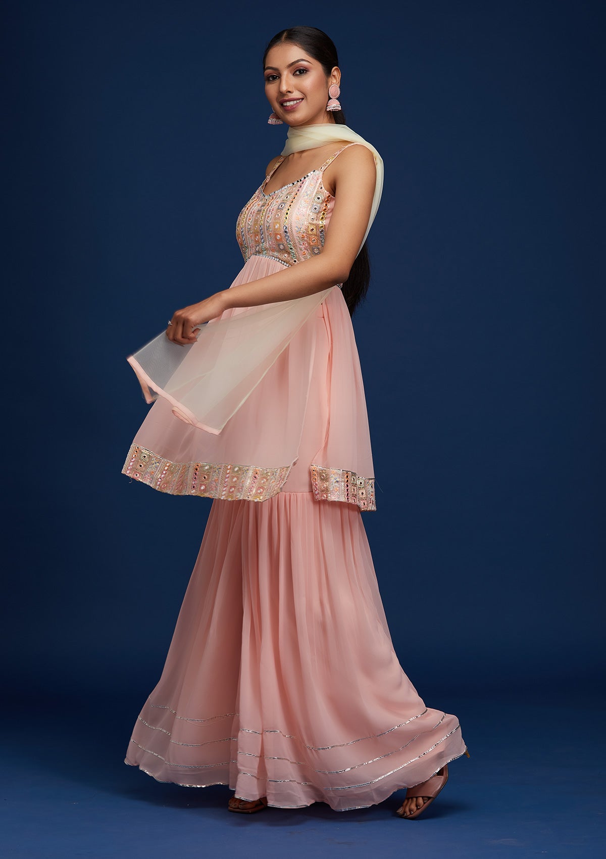 Baby Pink Mirrorwork Georgette Designer Salwar Suit - Koskii