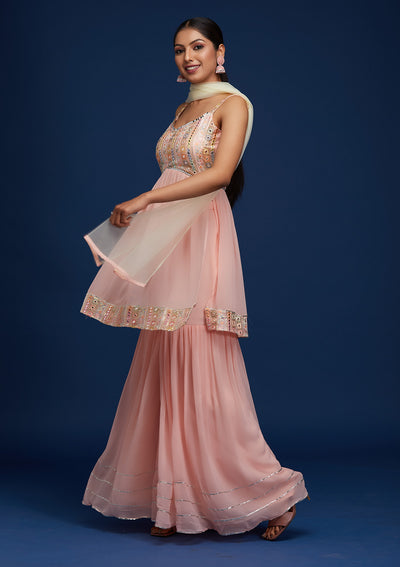 Baby Pink Mirrorwork Georgette Designer Salwar Suit - Koskii