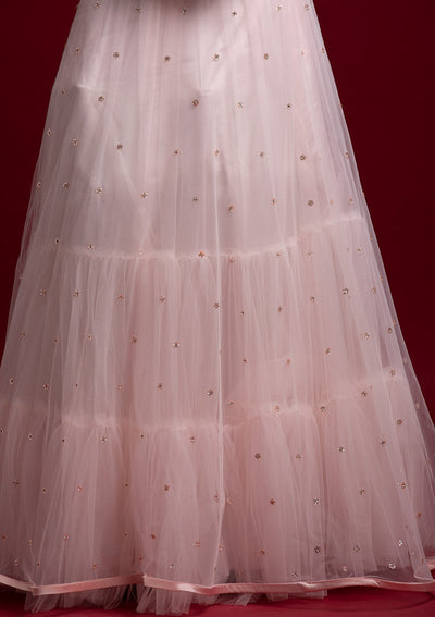 Baby Pink Mirrorwork Net Designer Lehenga - koskii