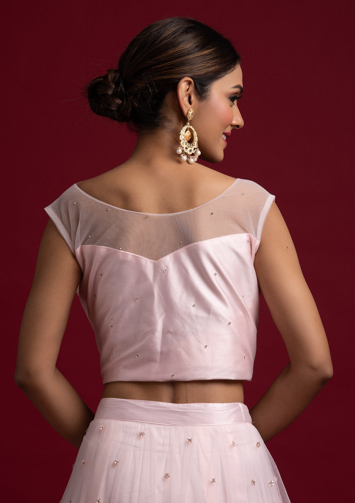 Baby Pink Mirrorwork Net Designer Lehenga - koskii