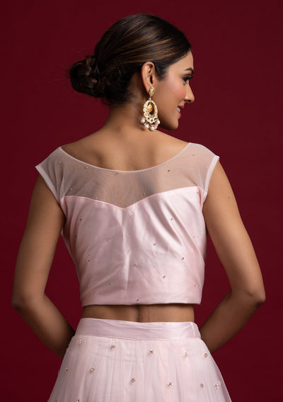Baby Pink Mirrorwork Net Designer Lehenga - koskii