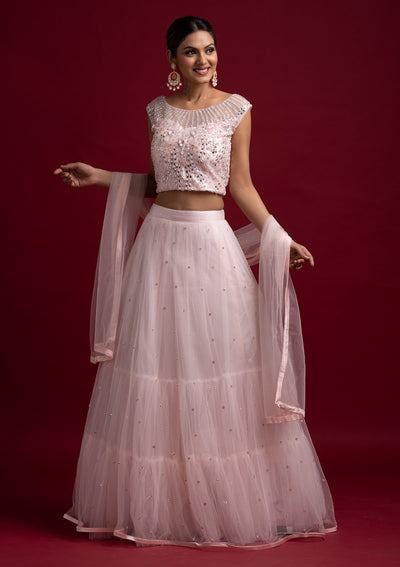 Baby Pink Mirrorwork Net Designer Lehenga - koskii