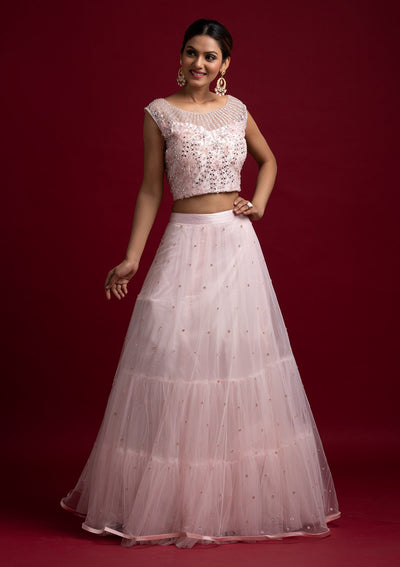 Baby Pink Mirrorwork Net Designer Lehenga - koskii