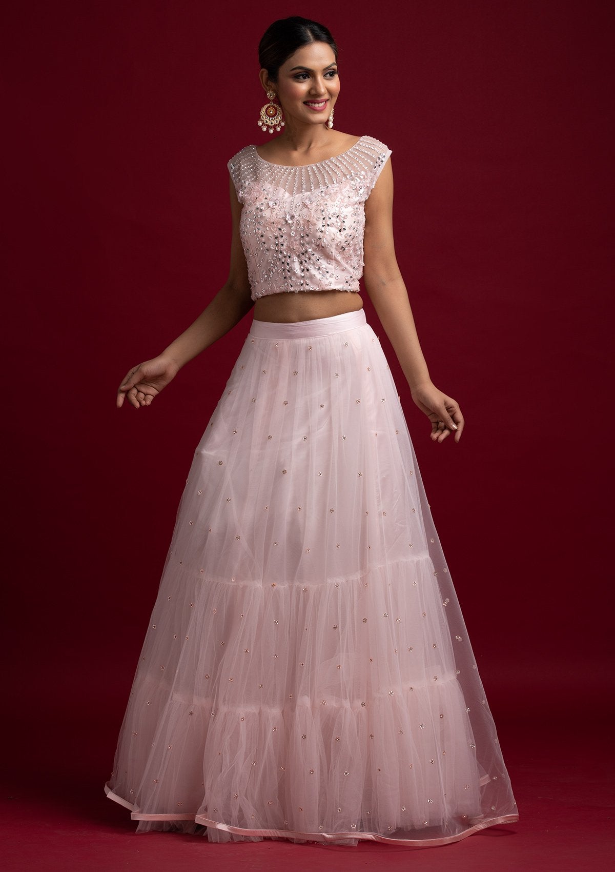 Baby Pink Mirrorwork Net Designer Lehenga - koskii