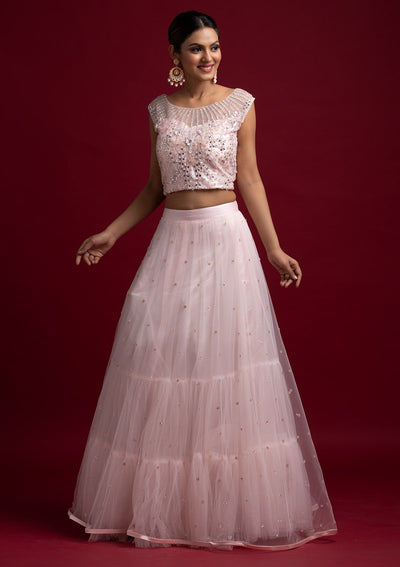 Baby Pink Mirrorwork Net Designer Lehenga - koskii
