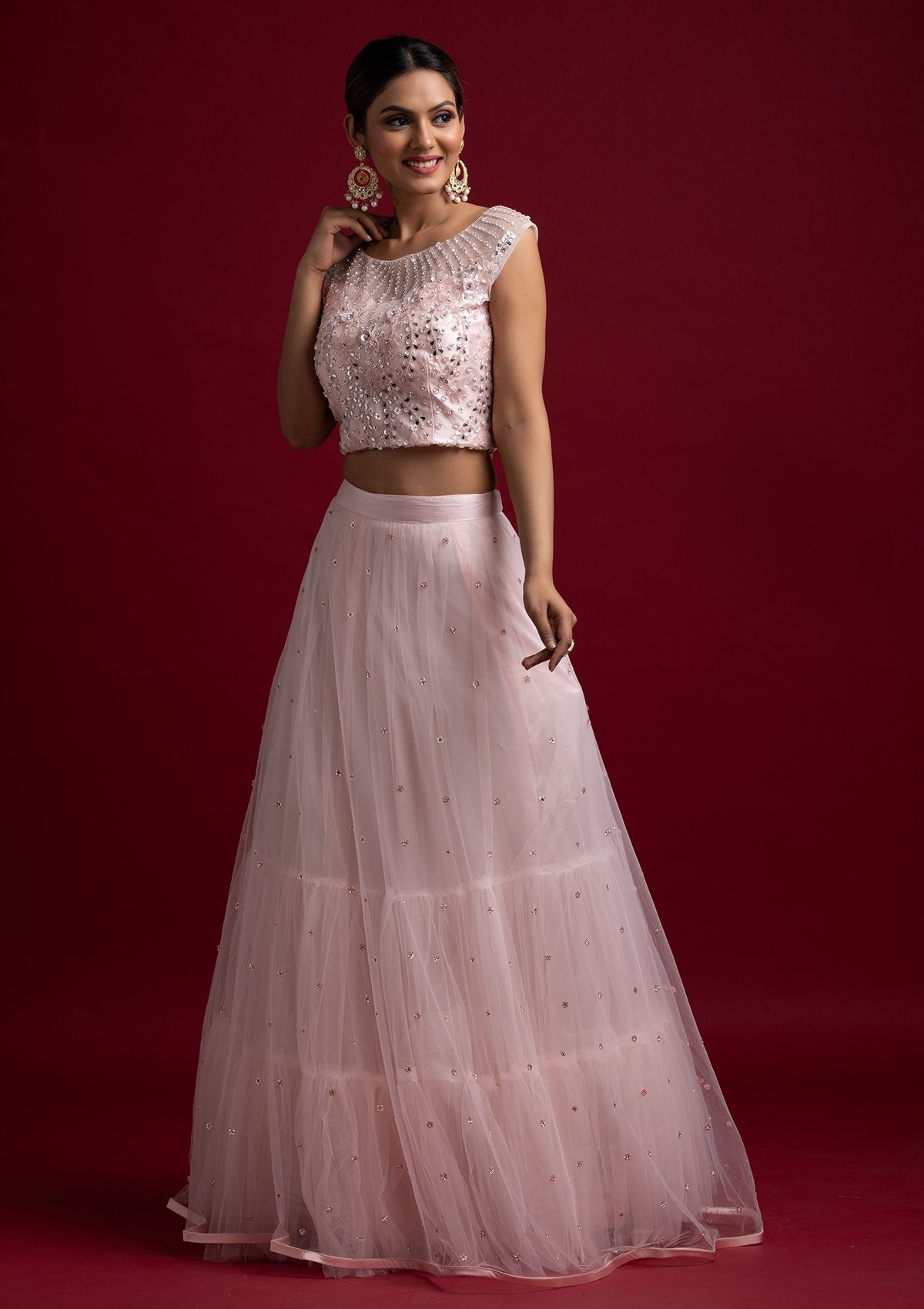 Baby Pink Mirrorwork Net Designer Lehenga - koskii