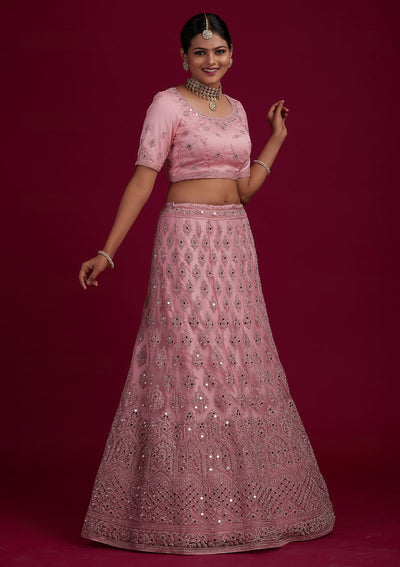Baby Pink Mirrorwork Net Designer Semi-Stitched Lehenga - Koskii